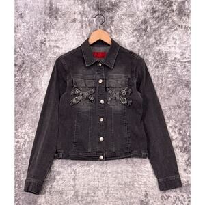 Vintage Tripp NYC Jean Jacket Large Womens Punk Y2K Bondage Pockets Black Wash